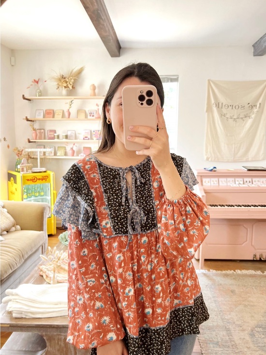 entro Tops - entro Rust Floral Patchwork Peasant Blouse
